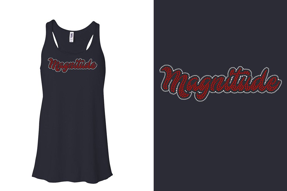 Rhinestones Magnitude script text stones 3-color Youth Flowy Racerback Tank